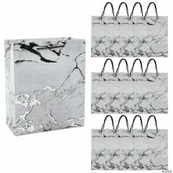 New 🔥 7 1/2" x 9" Medium Silver Marble Paper Gift Bags - 12 Pc. 🥰